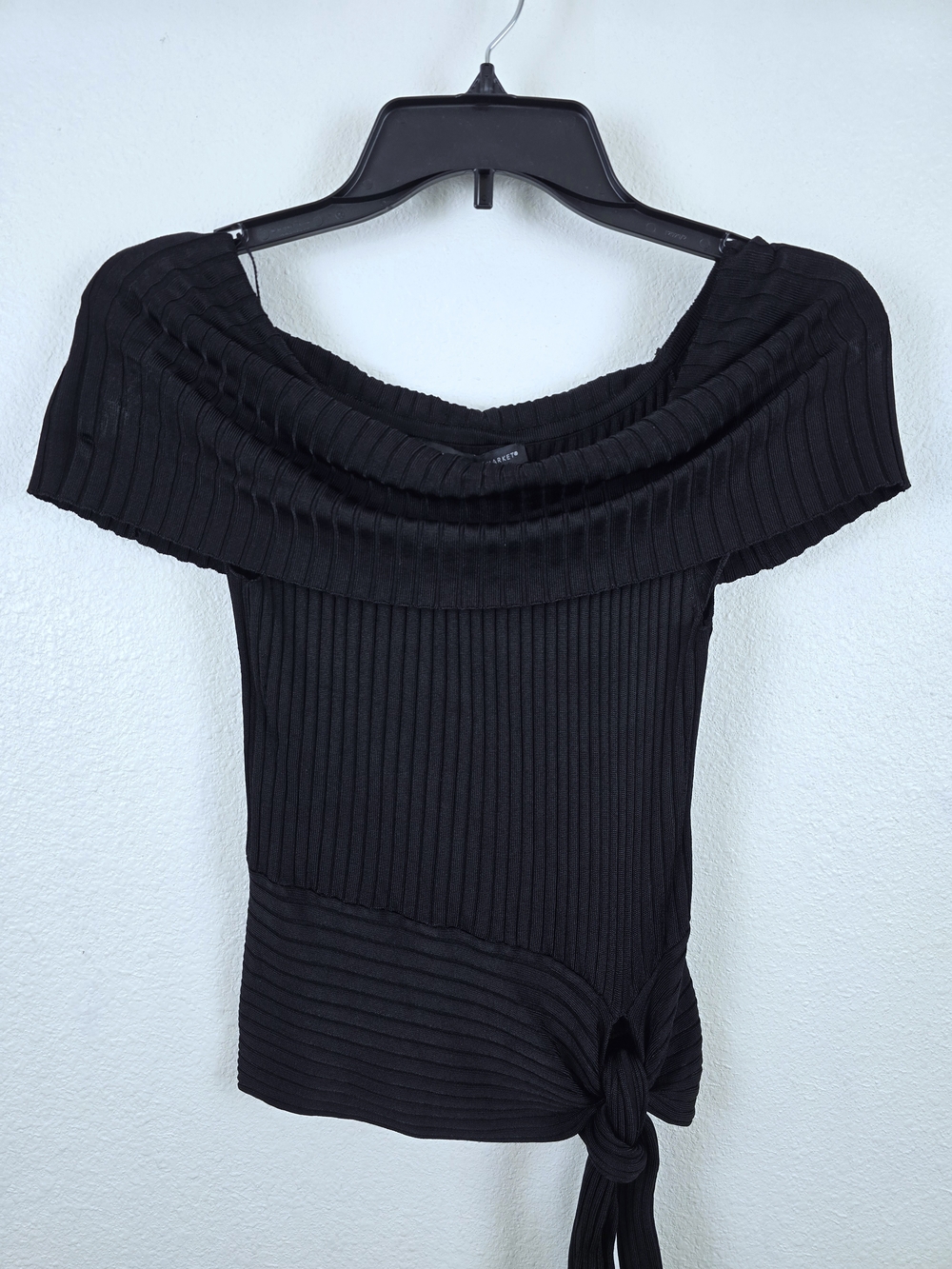 White House Black Market | Black Ribbed Off Shoulder Tie Waist Top Size S - Picture 10 of 12